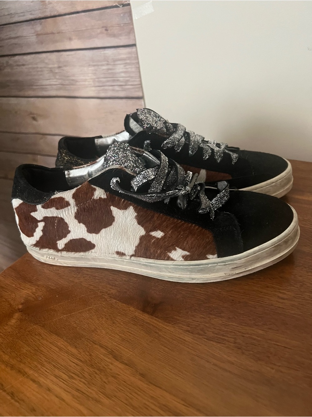 Womens P448 Cowprint Accent Sneakers with Glitter Laces - Black & Brown
